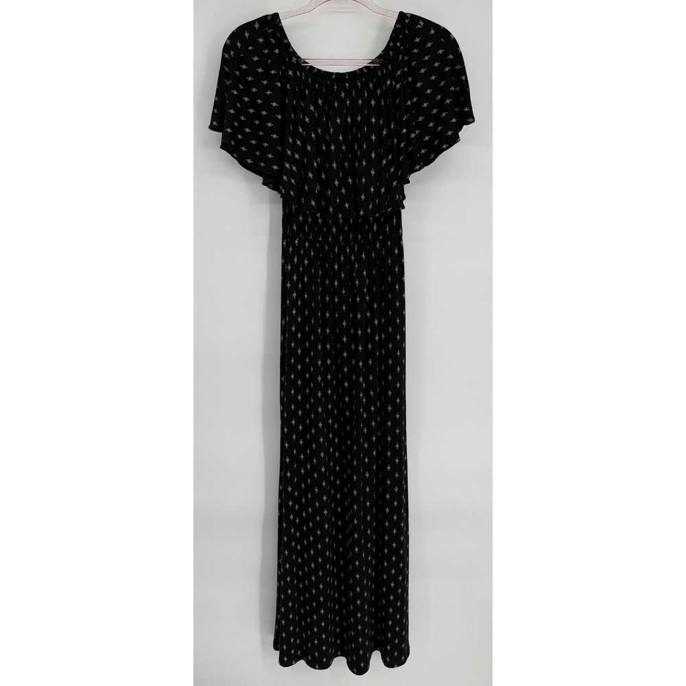 Garnet Hill Black Diamond‎ Print Tencel Maxi Dress Smocked Waist Sz S